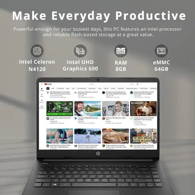Alt view image 2 of 7 - HP Stream 14" HD BrightView Laptop, Intel Celeron N4020 Processor, 4GB RAM, 64GB Storage, Intel HD Graphics, 720p Webcam, 1 Year Office 365, Black, Win 11 S, 32GB Hotface USB Card