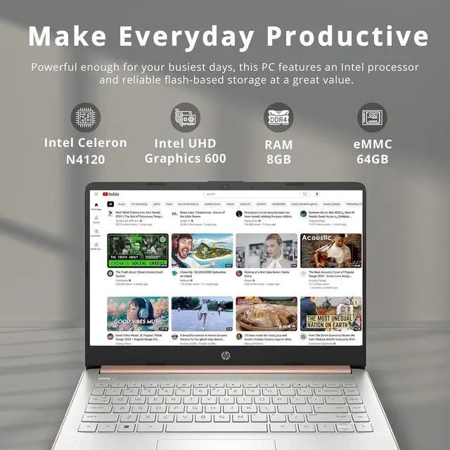 Alt view image 2 of 7 - HP Stream 14" HD BrightView Laptop, Intel Celeron N4020 Processor, 8GB RAM, 64GB SSD, Intel HD Graphics, 720p Webcam, 1 Year Office 365, Gold, Win 11, 32GB Hotface USB Card