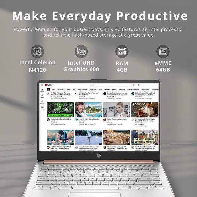 Alt view image 2 of 7 - HP Stream 14" HD BrightView Laptop, Intel Celeron N4120, 4GB RAM, 64GB Storage, Intel UHD Graphics, 720p Webcam, 1 Year Office 365, Gold, Win 11 S, 32GB Hotface USB Card