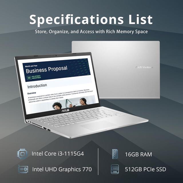 Alt view image 2 of 7 - ASUS Vivobook 14" HD Student Laptop, Intel Core i3-1115G4, 16GB RAM, 512GB PCIe SSD, Intel UHD Graphics, Webcam, WiFi 5, Bluetooth, Silver, Win 11, 32GB Hotface USB Card