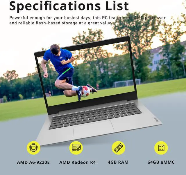 Alt view image 2 of 6 - Lenovo IdeaPad 14" HD Display Laptop Computer, AMD A6-9220e Processor, 4GB RAM, 64GB eMMC, 1 Year Office 365, AMD Radeon R4 Graphics, HDMI, Windows 10 S, Gray, 128GB USB Card