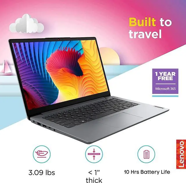 Alt view image 2 of 7 - Lenovo Ideapad 1i 14" HD Laptop, Intel Celeron N4020 Processor, 4GB RAM, 64GB eMMC flash memory, 720P HD Webcam, Stereo Speakers, Grey, Wind 11, 32GB Snowbell USB Card