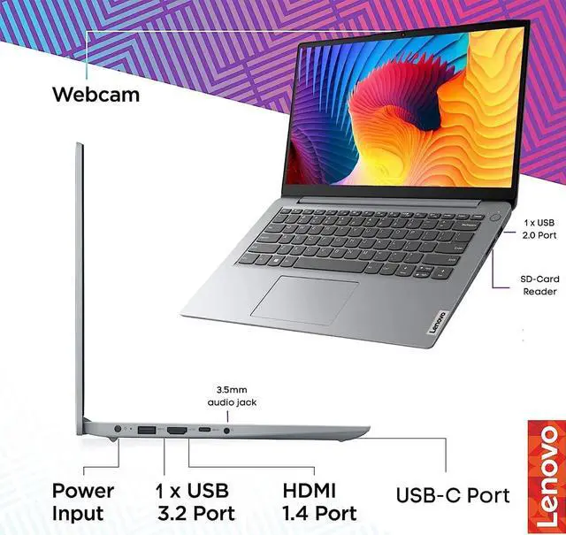 Alt view image 4 of 7 - Lenovo Ideapad 1i 14" HD Laptop, Intel Celeron N4020 Processor, 4GB RAM, 64GB eMMC flash memory, 720P HD Webcam, Stereo Speakers, Grey, Wind 11, 32GB Snowbell USB Card