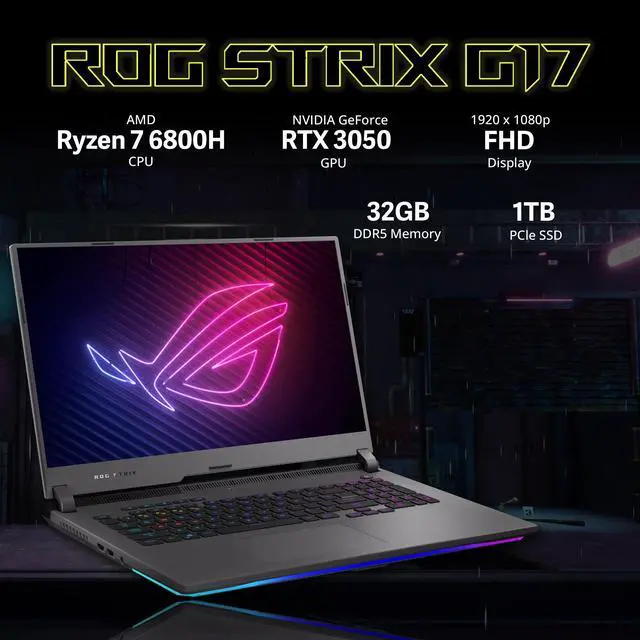 Alt view image 2 of 7 - ASUS ROG Strix G17 Gaming Laptop, 17.3" 144Hz IPS FHD Display, AMD Ryzen 7 6800H Processor, 32GB DDR5 RAM, 1TB PCIe SSD, NVIDIA GeForce RTX 3050, RGB Keyboard, Windows 11 Pro, Hotface 32GB USB Card