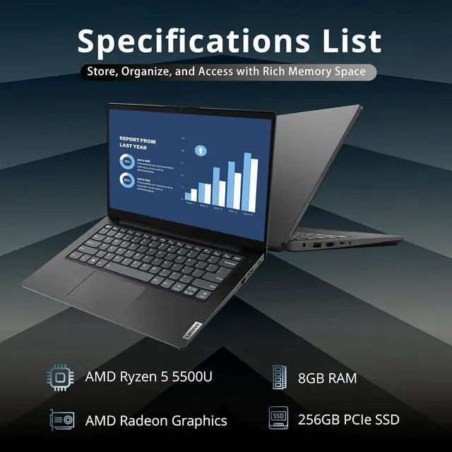 Alt view image 2 of 7 - LENOVO V14 G2 14" FHD Business Laptop, AMD Ryzen 5 5500U, 8GB RAM, 256GB PCIe SSD, AMD Radeon Graphics, HD Camera, Standard Keyboard, Dolby Audio, WiFi, Win 10 Pro, Black, 32GB SnowBell USB Card