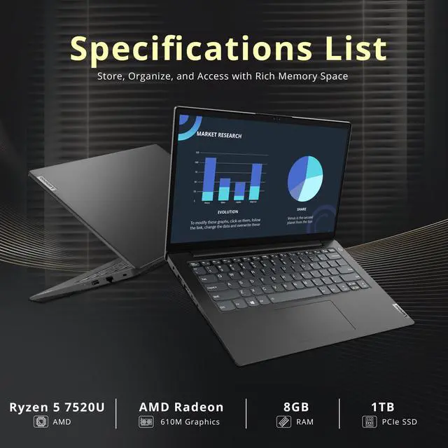 Alt view image 2 of 7 - Lenovo V14 Gen4 14" FHD Business Laptop, AMD Ryzen 5 7520U Processor, 8GB LPDDR5 RAM, 1TB PCIe SSD, AMD Radeon 610M Graphics, Dolby Audio, HD Webcam, Wi-Fi, Windows 11 Pro, 32GB Hotface USB Card