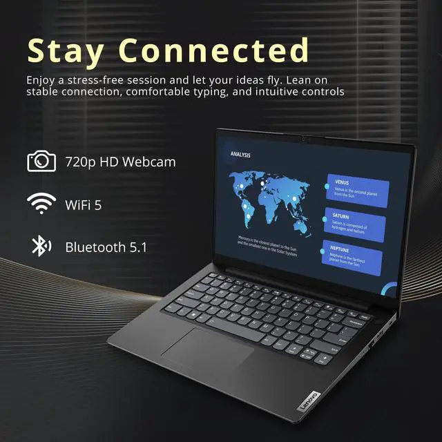 Alt view image 5 of 7 - Lenovo V14 Gen4 14" FHD Business Laptop, AMD Ryzen 5 7520U Processor, 8GB LPDDR5 RAM, 1TB PCIe SSD, AMD Radeon 610M Graphics, Dolby Audio, HD Webcam, Wi-Fi, Windows 11 Pro, 32GB Hotface USB Card