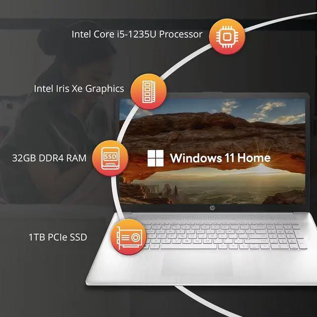 Alt view image 2 of 7 - HP 17.3'' FHD 1920 x 1080 Business Laptop, Intel Core i5-1235U, 32GB RAM, 1TB PCIe SSD, Intel Iris Xe Graphics, Backlit Keyboard, HD Camera, Bluetooth, Win 11 Pro, Silver, (renewed)