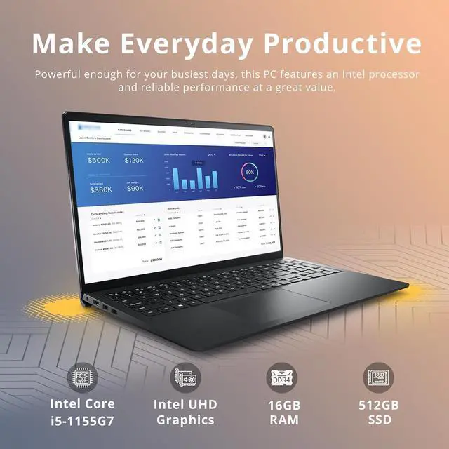 Alt view image 2 of 7 - Dell Inspiron 15 15.6'' FHD Touchscreen Laptop, Intel Core i5 1155G7 Processor, 16GB DDR4 RAM, 512GB PCIe SSD, Intel UHD Graphics, Full Size Keyboard, Wi-Fi 5, Windows 11 Home, Black