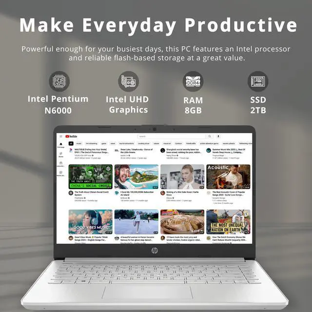 Alt view image 2 of 6 - HP 14" FHD BrightView Laptop, Intel Pentium Silver N6000, 8GB DDR4 RAM, 2TB PCIe SSD, Intel UHD Graphics, HD Webcam, Wi-Fi 5, Bluetooth, Silver, Win 11, 32GB Hotface USB Card