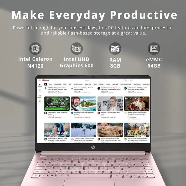 Alt view image 2 of 7 - HP Stream 14" HD BrightView Laptop, Intel Celeron N4120, 8GB RAM, 64GB eMMC, Intel UHD Graphics, 720p Webcam, 1 Year Office 365, pink, Win 11 S, 32GB Hotface USB Card