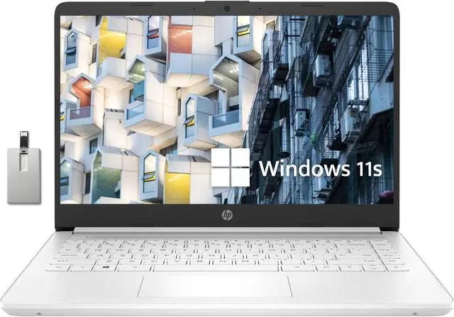 Main image of HP Premium 14" Stream HD Laptop, Intel Celeron N4120, 4GB RAM, 64GB eMMC, Webcam, UHD Graphics, WiFi, HDMI, 1 Year Office 365, Win 11s, White, 32GB Hotface USB Card