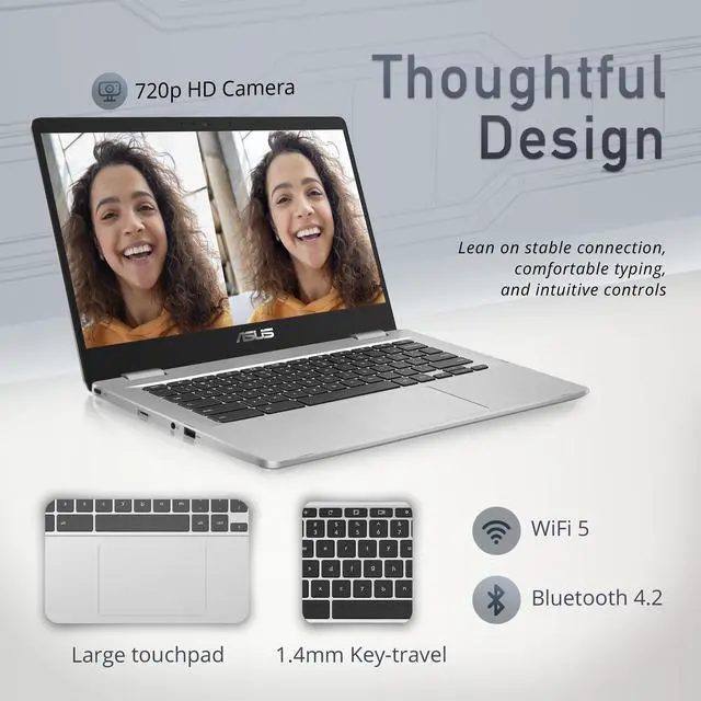 Alt view image 5 of 6 - ASUS Chromebook C423 14" Laptop Computer for Business Student, Intel Celeron N3350 up to 2.4GHz, 4GB DDR4, 64GB eMMC, 802.11AC WiFi, Bluetooth, USB Type-C, Chrome OS, Renewed