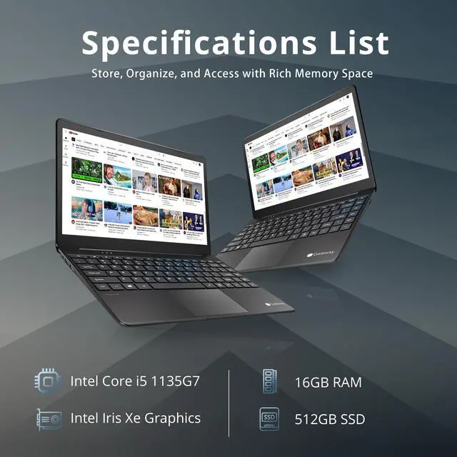 Alt view image 2 of 7 - Gateway Ultra Slim Laptop, 14.1" IPS FHD Display, Intel Core i5-1135G7, 16GB RAM, 512GB SSD, Intel Iris Xe Graphics, 1.0 MP Camera, Fingerprint Scanner, Bluetooth, Black, Win 10, 32GB Hotface USB Card