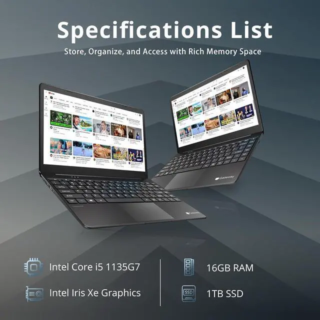Alt view image 2 of 7 - Gateway Ultra Slim Laptop, 14.1" IPS FHD Display, Intel Core i5-1135G7, 16GB RAM, 1TB SSD, Intel Iris Xe Graphics, 1.0 MP Camera, Fingerprint Scanner, Bluetooth, Black, Win 10, 32GB Hotface USB Card
