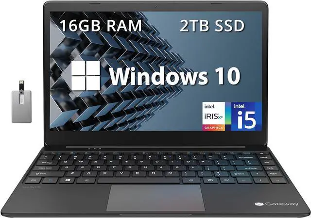 Main image of Gateway Ultra Slim Laptop, 14.1" IPS FHD Display, Intel Core i5-1135G7, 16GB RAM, 2TB SSD, Intel Iris Xe Graphics, 1.0 MP Camera, Fingerprint Scanner, Bluetooth, Black,Win 10, 32GB Hotface USB Card