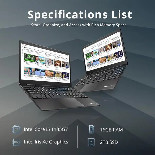 Alt view image 2 of 7 - Gateway Ultra Slim Laptop, 14.1" IPS FHD Display, Intel Core i5-1135G7, 16GB RAM, 2TB SSD, Intel Iris Xe Graphics, 1.0 MP Camera, Fingerprint Scanner, Bluetooth, Black,Win 10, 32GB Hotface USB Card