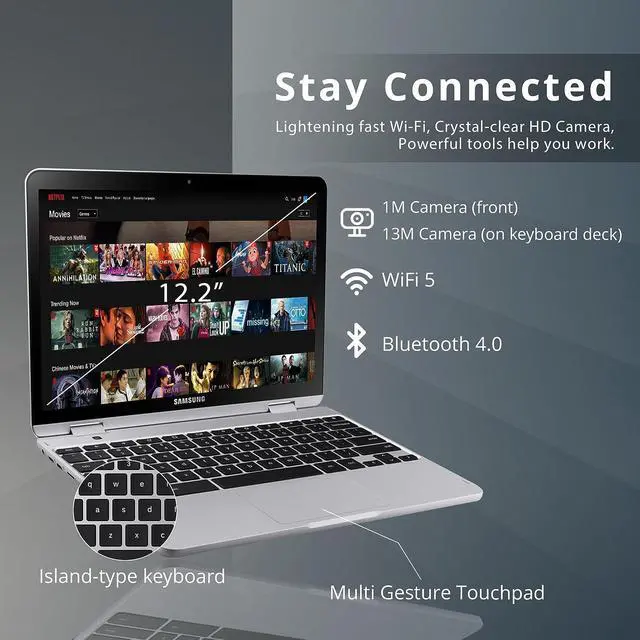 Alt view image 3 of 6 - SAMSUNG Chromebook Plus V2 2-in-1 12.2" WUXGA LED Touchscreen Laptop, Intel Celeron 3965Y, 4GB RAM, 64GB eMMC, 2 Cameras, Stylus Pen, Island-Type KB, Wi-Fi 5, Chrome OS, Silver, 32GB USB Card