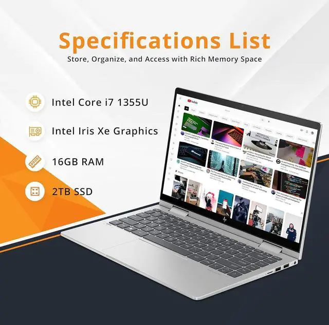 Alt view image 2 of 7 - HP Envy x360 2-in-1 14" FHD Touchscreen Laptop, Intel Core i7-1355U, 16GB RAM, 2TB SSD, Backlit KB, 5MP Camera, Fingerprint Reader, Intel Iris Xe Graphics, Wi-Fi 6E, Win 11, Silver, 32GB USB Card