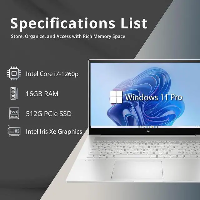 Alt view image 2 of 7 - HP Envy 17.3" FHD Laptop, Intel Core i7-1260P, 16GB DDR4 RAM, 512GB PCIe SSD, Backlit Keyboard, Intel Iris Xe Graphics, 5MP IR camera, Wi-Fi 6E, Bluetooth, Win 11 Pro, Silver, 32GB USB Card (Renewed)