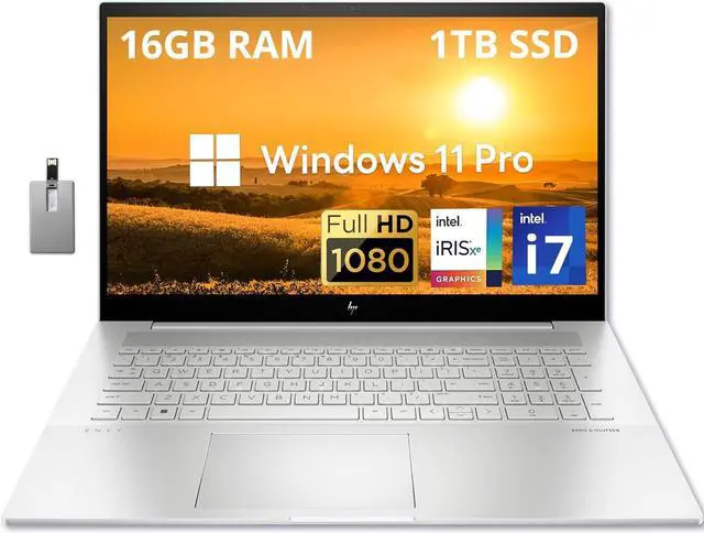 Main image of HP Envy 17.3" FHD Laptop, Intel Core i7-1260P, 16GB DDR4 RAM, 1TB PCIe SSD, Backlit Keyboard, Intel Iris Xe Graphics, 5MP IR camera, Wi-Fi 6E, Bluetooth, Win 11 Pro, Silver, 32GB USB Card (Renewed)