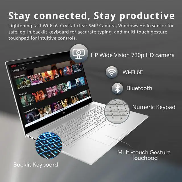 Alt view image 3 of 7 - HP Envy 17.3" FHD Laptop, Intel Core i7-1260P, 64GB DDR4 RAM, 2TB PCIe SSD, Backlit Keyboard, Intel Iris Xe Graphics, 5MP IR camera, Wi-Fi 6E, Bluetooth, Win 11 Pro, Silver, 32GB USB Card (Renewed)