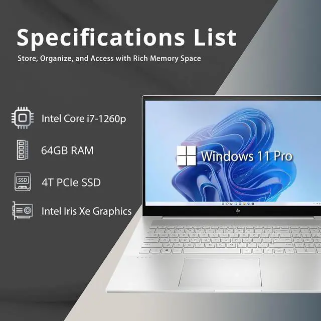 Alt view image 2 of 7 - HP Envy 17.3" FHD Laptop, Intel Core i7-1260P, 64GB DDR4 RAM, 4TB PCIe SSD, Backlit Keyboard, Intel Iris Xe Graphics, 5MP IR camera, Wi-Fi 6E, Bluetooth, Win 11 Pro, Silver, 32GB USB Card (Renewed)