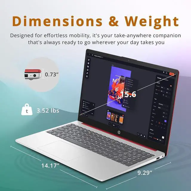 Alt view image 6 of 7 - HP 15.6'' Business Laptop, HD Display, Intel Pentium N200 Processor, 16GB RAM, 128GB SSD, Intel UHD Graphics, Full Size Keyboard, WiFi, Bluetooth, Windows 11, Scarlet Red, 32GB Hotface USB Card