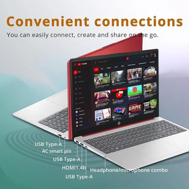 Alt view image 7 of 7 - HP 15.6'' Business Laptop, HD Display, Intel Pentium N200 Processor, 16GB RAM, 128GB SSD, Intel UHD Graphics, Full Size Keyboard, WiFi, Bluetooth, Windows 11, Scarlet Red, 32GB Hotface USB Card