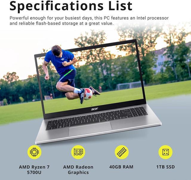 Alt view image 2 of 7 - Acer Aspire 3 15.6" FHD Laptop, AMD Ryzen 7 5700U Processor, 40GB RAM, 1TB SSD, AMD Radeon Graphics, Numeric Keypad, 720p HD Webcam, Wi-Fi 6, Windows 11 Home, Silver, 32GB Hotface USB Card