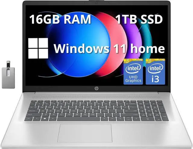 Main image of HP 17.3" Full HD Laptop, Intel Core i3 1215U Processor, 16GB DDR4 RAM, 1TB PCIe SSD, Intel UHD Graphics, Wi-Fi 5, HD Camera, Windows 11 Home, Natural Silver, 32GB Hotface USB Card