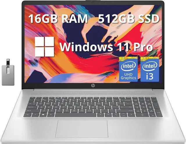 Main image of HP 17.3" Full HD Laptop, Intel Core i3-1215U Processor, 16GB RAM, 512GB PCIe SSD, Intel UHD Graphics, Numeric Keypad, 720p HD Webcam, Windows 11 Pro, Natural Silver, 32GB Hotface USB Card