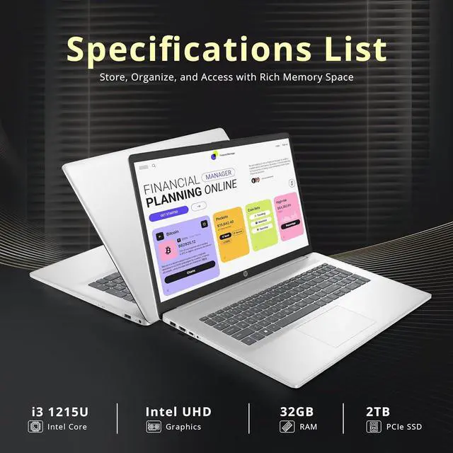 Alt view image 2 of 7 - HP 17.3" Full HD Laptop, Intel Core i3-1215U Processor, 32GB RAM, 2TB PCIe SSD, Intel UHD Graphics, Numeric Keypad, 720p HD Webcam, Windows 11 Pro, Natural Silver, 32GB Hotface USB Card
