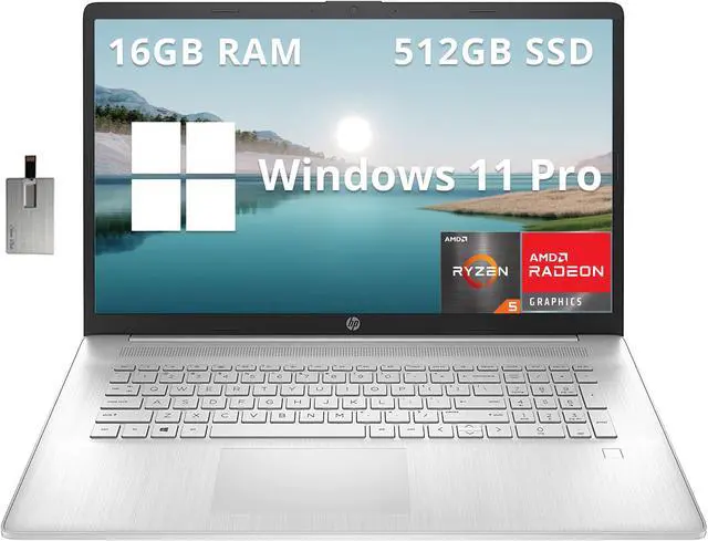 Main image of HP 17.3" FHD Laptop, AMD Ryzen 5 5500U, 16GB RAM, 512GB SSD, AMD Radeon Graphics, Fingerprint Reader, Numeric Keyboard, 720p HD Webcam, WiFi, Windows 11 Pro, Silver, 32GB Hotface USB Card