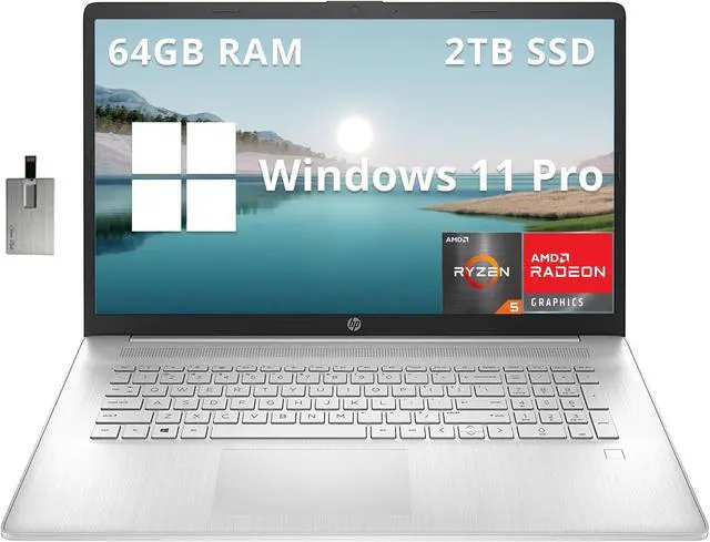 Main image of HP 17.3" FHD Laptop, AMD Ryzen 5 5500U, 64GB RAM, 2TB SSD, AMD Radeon Graphics, Fingerprint Reader, Numeric Keyboard, 720p HD Webcam, WiFi, Windows 11 Pro, Silver, 32GB Hotface USB Card