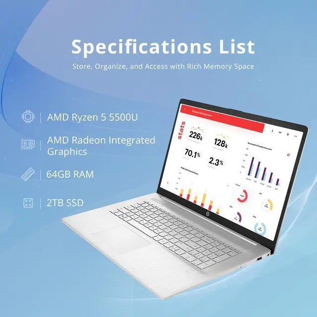 Alt view image 2 of 7 - HP 17.3" FHD Laptop, AMD Ryzen 5 5500U, 64GB RAM, 2TB SSD, AMD Radeon Graphics, Fingerprint Reader, Numeric Keyboard, 720p HD Webcam, WiFi, Windows 11 Pro, Silver, 32GB Hotface USB Card