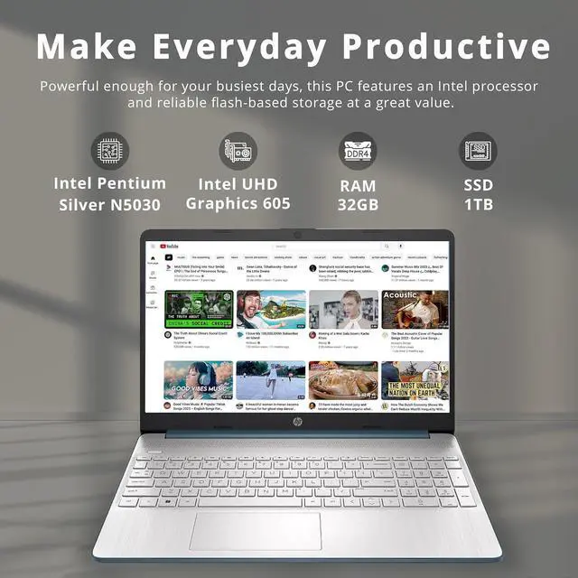 Alt view image 2 of 7 - HP 15.6" HD Student Laptop, Intel Pentium Silver N5030, 32GB RAM, 1TB PCIe SSD, Intel UHD Graphics, HD Webcam, Numpad, Wi-Fi 5, Bluetooth, Windows 11, Blue, 32GB Hotface USB Card