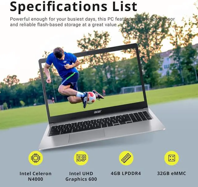 Alt view image 2 of 7 - Acer Chromebook 315, 15.6" HD Anti-Glare Display, Intel Celeron N4000, 4GB LPDDR4 RAM, 32GB eMMC, Intel UHD Graphics 600, Numeric Keypad, WiFi 5, HD Webcam, Chrome OS, Silver, 128GB Hotface USB Card