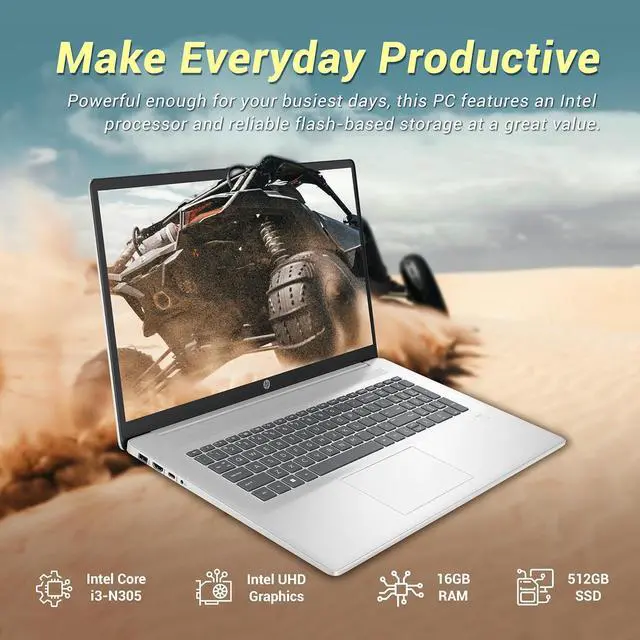 Alt view image 2 of 7 - HP 17.3" IPS FHD Business Laptop, Intel Core i3-N305 Processor, 16GB RAM, 512GB SSD, Intel UHD Graphics, Fingerprint Reader, HD Camera, Wi-Fi 6, Windows 11 Pro, Natural Silver, 32GB Hotface USB Card