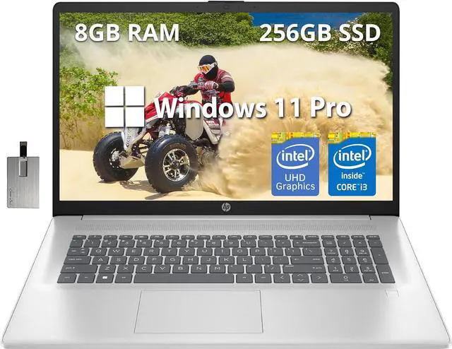Main image of HP 17.3" IPS FHD Business Laptop, Intel Core i3-N305 Processor, 16GB RAM, 512GB SSD, Intel UHD Graphics, Fingerprint Reader, HD Camera, Wi-Fi 6, Windows 11 Pro, Natural Silver, 32GB Hotface USB Card