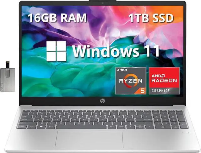 Main image of HP 15.6" Full HD Laptop, AMD Ryzen 5 7520U Processor, 16GB RAM, 2TB SSD, AMD Radeon Graphics, Bluetooth, Wi-Fi, Windows 11, Silver, 32GB Hotface USB Card