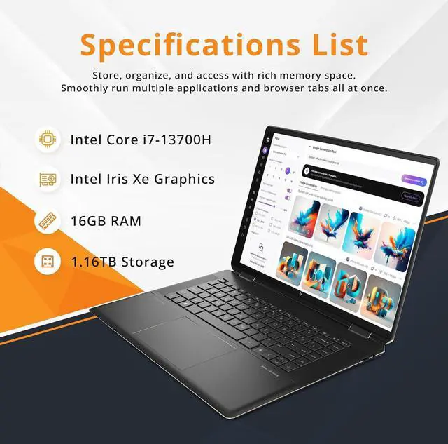 Alt view image 3 of 7 - HP Spectre x360 16" 3K+ 2-in-1 Touch Laptop, Intel i7-13700H, 16GB RAM, 1.16TB Storage(1TB SSD+160GB Docking Station Set), Backlit KB, Fingerprint, Privacy Cam, Stylus Pen & Sleeve, Win 11 Home, Black