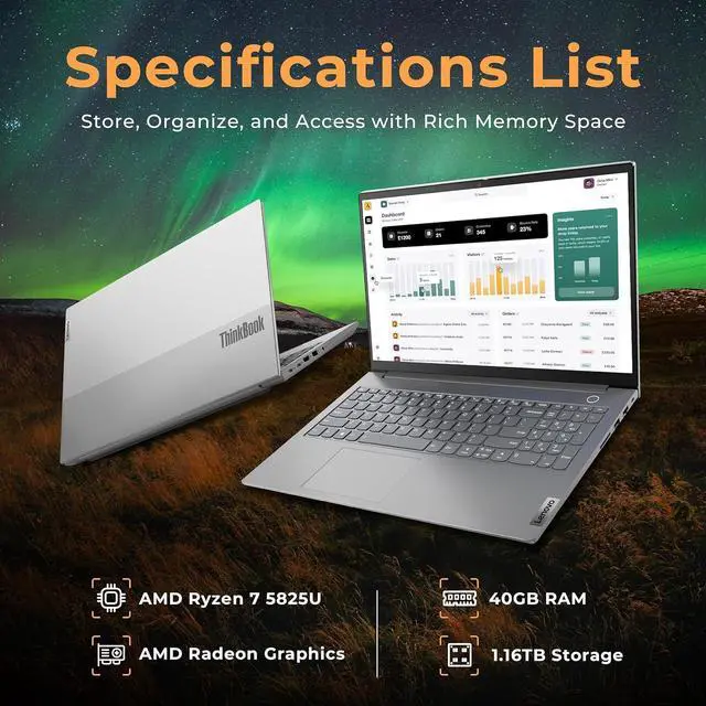 Alt view image 3 of 7 - Lenovo ThinkBook 15 Gen 4 15.6" FHD Laptop, AMD Ryzen 7 5825U, 40GB RAM, 1.16TB Storage (1TB SSD+160GB Docking Station Set), AMD Radeon Graphics, Backlit Keyboard,Webcam, Windows 11 Pro, Mineral Gray