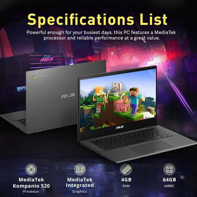 Alt view image 2 of 6 - ASUS Chromebook CM1402 14" FHD Laptop, MediaTek Kompanio 520, 4GB LPDDR4X, 64GB eMMC, HD Webcam, WiFi 6, Bluetooth, Chrome OS, Gravity Gray, 128GB Hotface USB Card