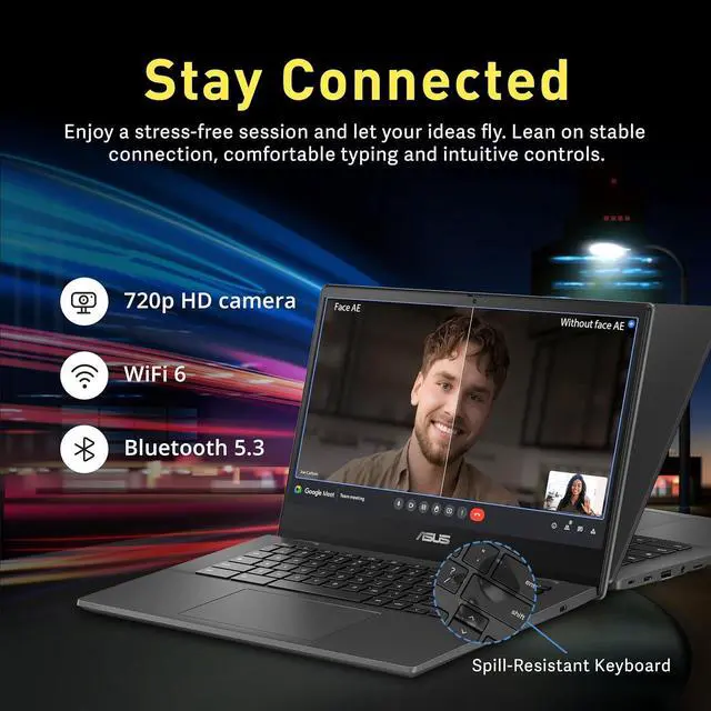 Alt view image 3 of 6 - ASUS Chromebook CM1402 14" FHD Laptop, MediaTek Kompanio 520, 4GB LPDDR4X, 64GB eMMC, HD Webcam, WiFi 6, Bluetooth, Chrome OS, Gravity Gray, 128GB Hotface USB Card