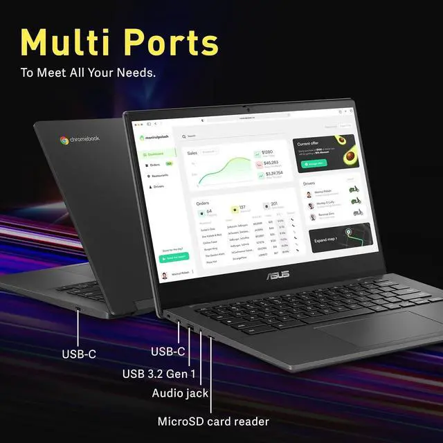 Alt view image 6 of 6 - ASUS Chromebook CM1402 14" FHD Laptop, MediaTek Kompanio 520, 4GB LPDDR4X, 64GB eMMC, HD Webcam, WiFi 6, Bluetooth, Chrome OS, Gravity Gray, 128GB Hotface USB Card