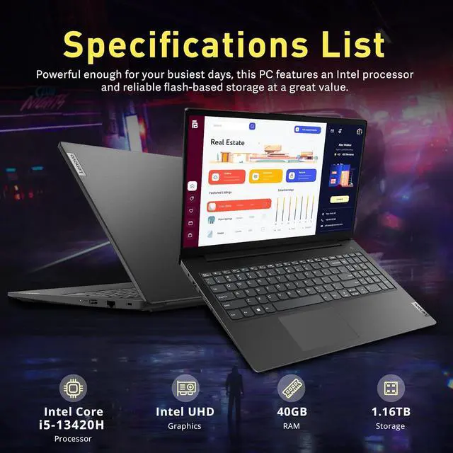 Alt view image 3 of 7 - Lenovo V15 Gen 4 15.6" FHD Anti-Glare Laptop, Intel i5-13420H, 40GB DDR4 RAM, 1.16TB Storage (1TB SSD+160GB Docking Station Set), Intel UHD Graphics, Number Pad, Webcam, Windows 11 Pro, Black