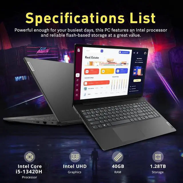 Alt view image 3 of 6 - Lenovo V15 Gen 4 15.6" FHD Business Laptop, Intel i5-13420H, 40GB RAM, 1.28TB Storage (1TB SSD+288GB Docking Station Set), Intel UHD Graphics, Webcam, Num Pad, Wi-Fi 5, Bluetooth, Win 11 Pro, Black