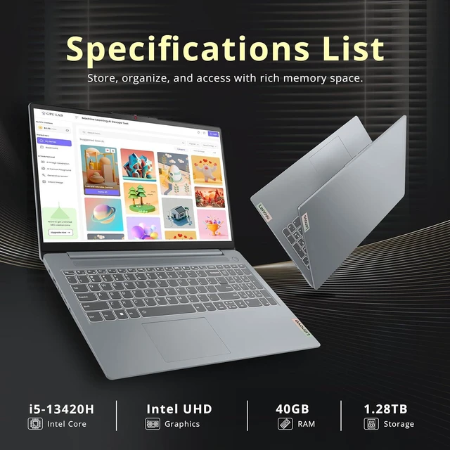 Alt view image 3 of 7 - Lenovo IdeaPad Slim 3 Laptop, 15.6" FHD Display, Intel i5-13420H Processor, 40GB DDR5, 1.28TB Storage(1TB SSD+288GB Docking Station Set), Intel UHD Graphics, HD Webcam, Wi-Fi 6, Windows 11 Pro, Gray