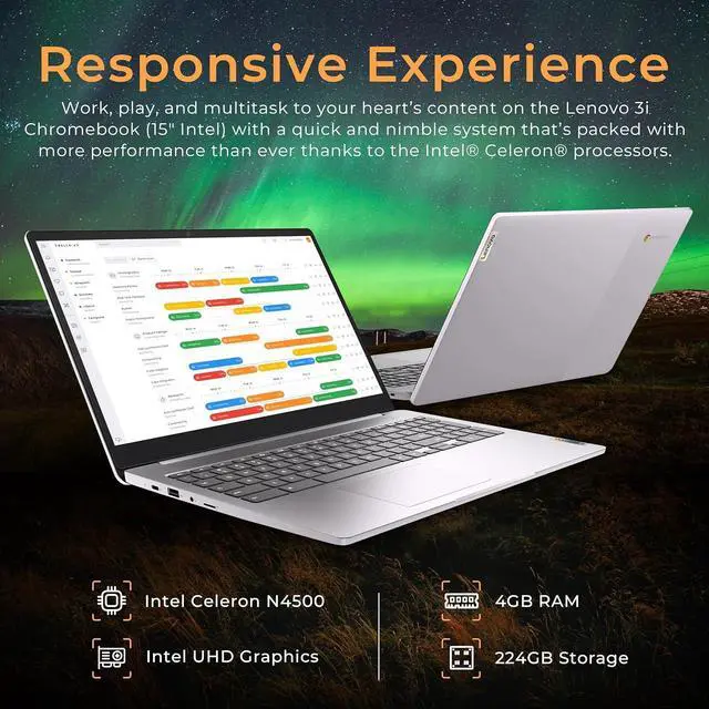 Alt view image 3 of 7 - Lenovo Ideapad 3 15.6" FHD Chromebook, Intel Celeron N4500, 4GB RAM, 224GB Storage (64GB SSD+160GB Docking Station Set), Intel UHD Graphics, Full Size Keyboard, Chrome OS, Artic Gray